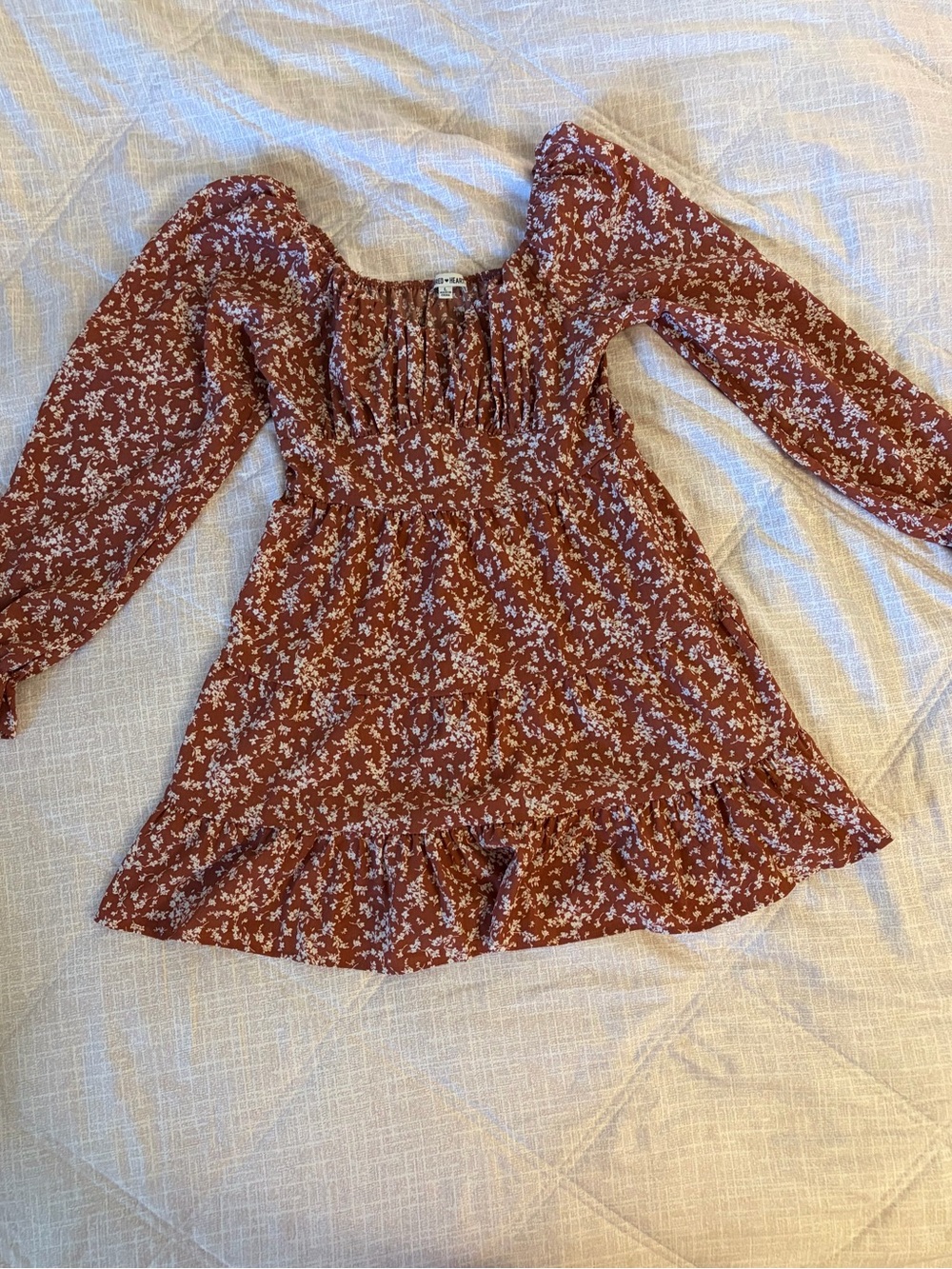 Kindred Heart Rust Floral Tiered Mini Dress, Puff Sleeve